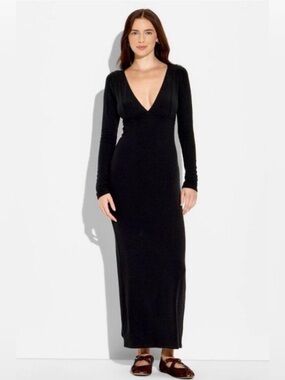 wild fable Black Long Sleeve Deep V Maxi Dress